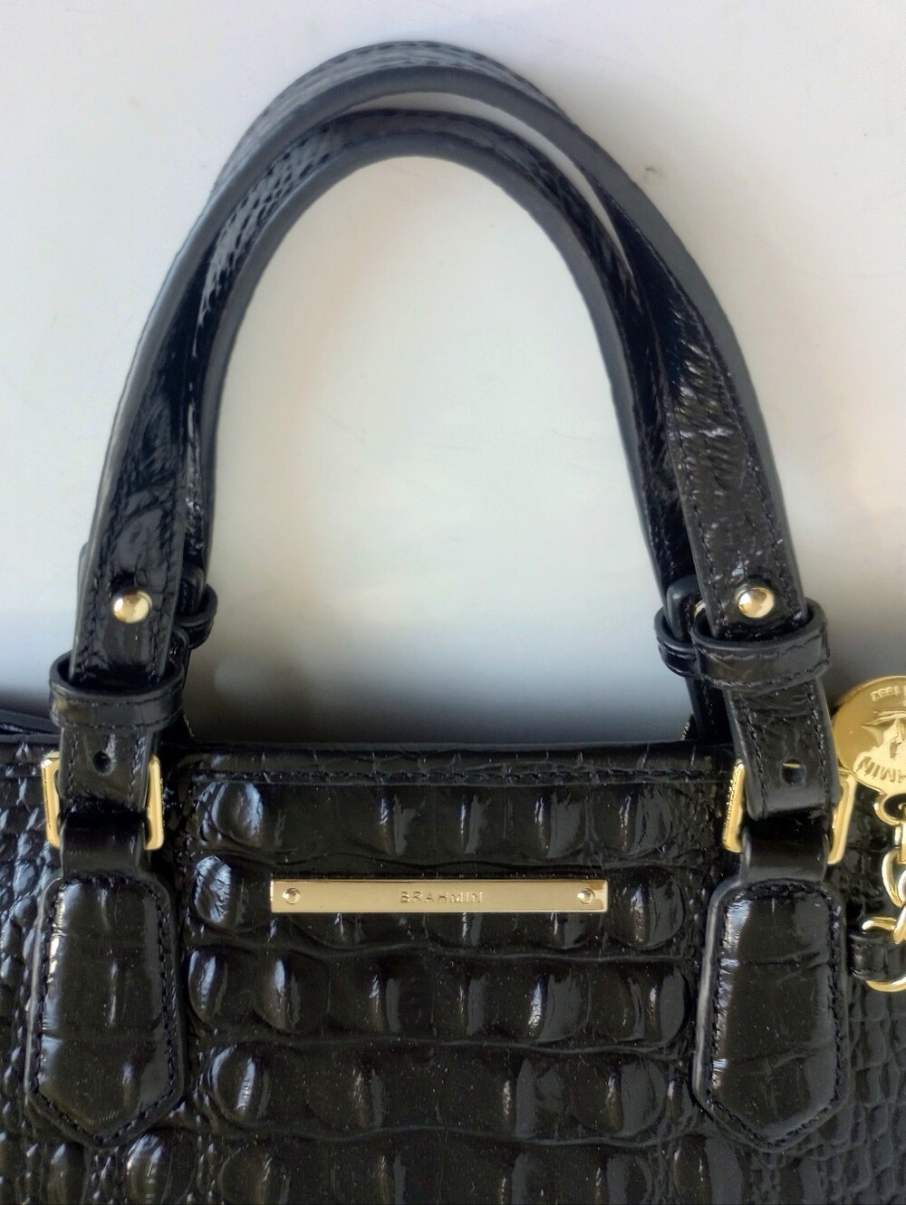 Brahmin Black Melbourne Mini Asher Crocodile Embossed Leather Crossbody Satchel - Picture 3 of 10